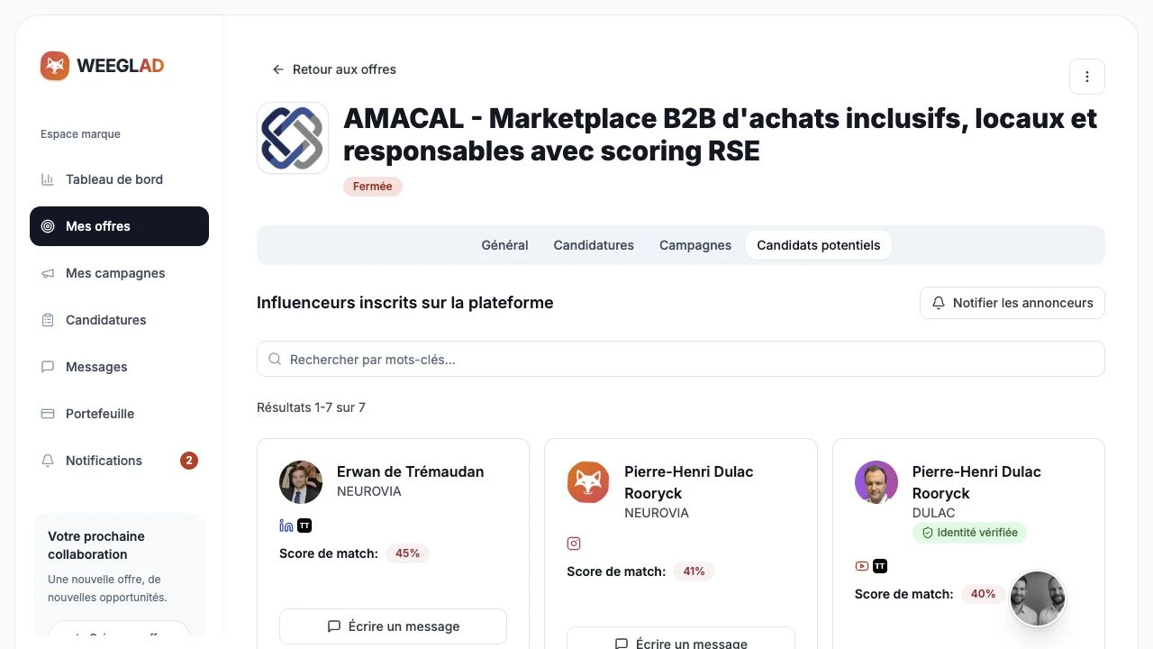 L'application WeeGlad affiche les candidats potentiels et leurs scores de matching pour une offre.
